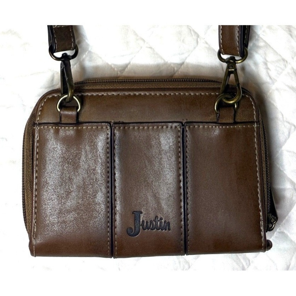 Justin Brown Leather Crossbody Wallet Bag Turn Lock‎ Western Small Shoulder Bag - Picture 4 of 8